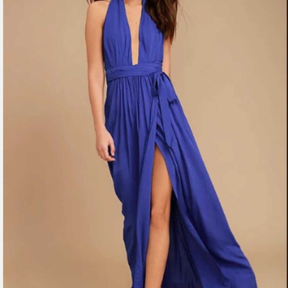 Lulu's Magical Movement Blue Halter Neck Wrap Rayon Maxi Dress